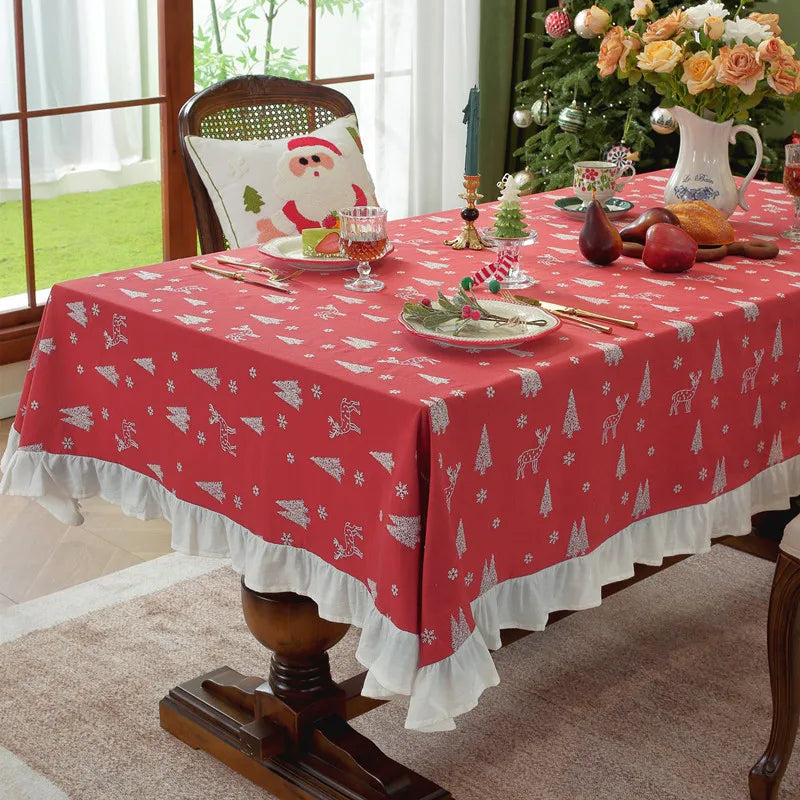 Nappe de Noël Rectangulaire Brodée à Volants – Coton Style Rétro Fermette pour Table à Manger