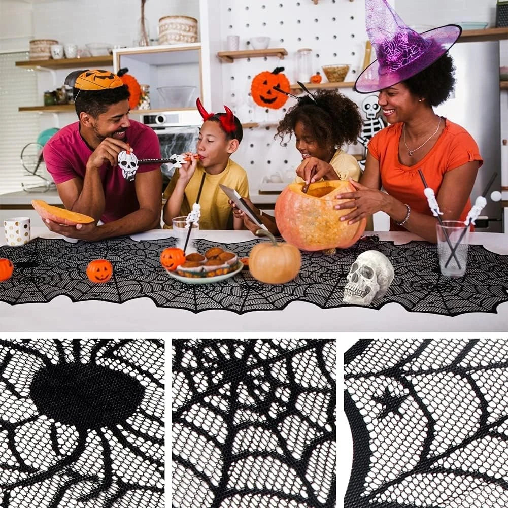 Chemin de Table Halloween en Dentelle Noire – Toile d'Araignée Décorative pour Fêtes - 45x183cm