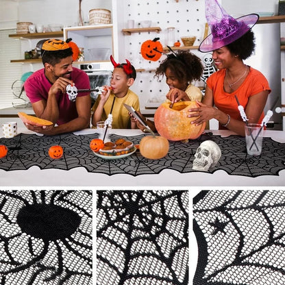 Chemin de Table Halloween en Dentelle Noire – Toile d'Araignée Décorative pour Fêtes - 45x183cm
