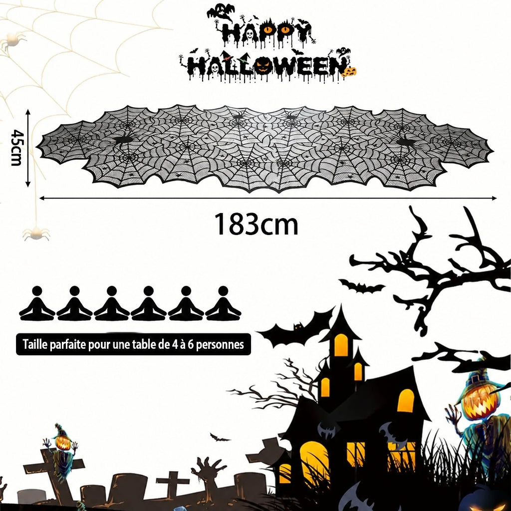 Chemin de Table Halloween en Dentelle Noire – Toile d'Araignée Décorative pour Fêtes - 45x183cm