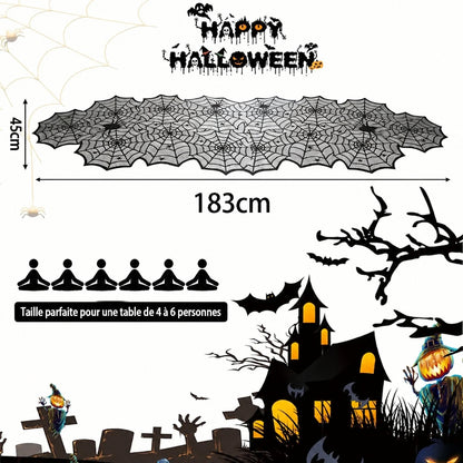 Chemin de Table Halloween en Dentelle Noire – Toile d'Araignée Décorative pour Fêtes - 45x183cm