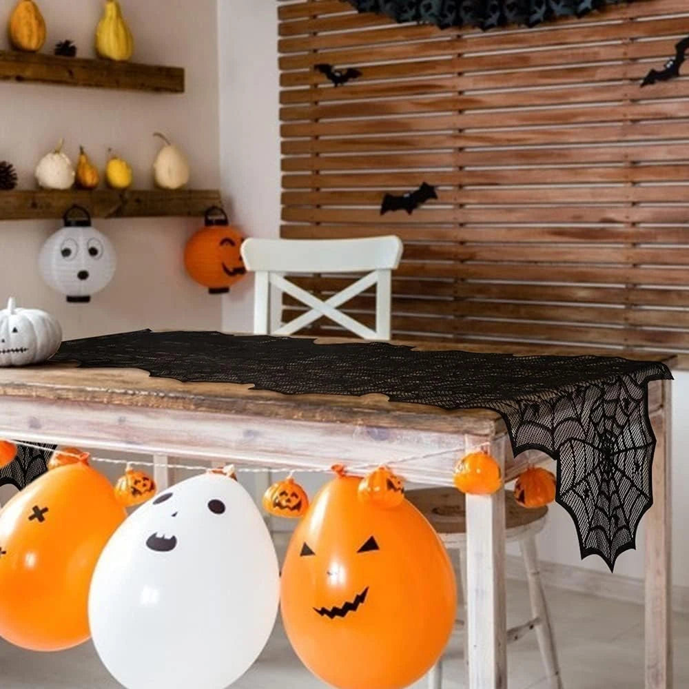 Chemin de Table Halloween en Dentelle Noire – Toile d'Araignée Décorative pour Fêtes - 45x183cm