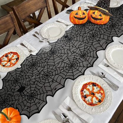 Chemin de Table Halloween en Dentelle Noire – Toile d'Araignée Décorative pour Fêtes - 45x183cm