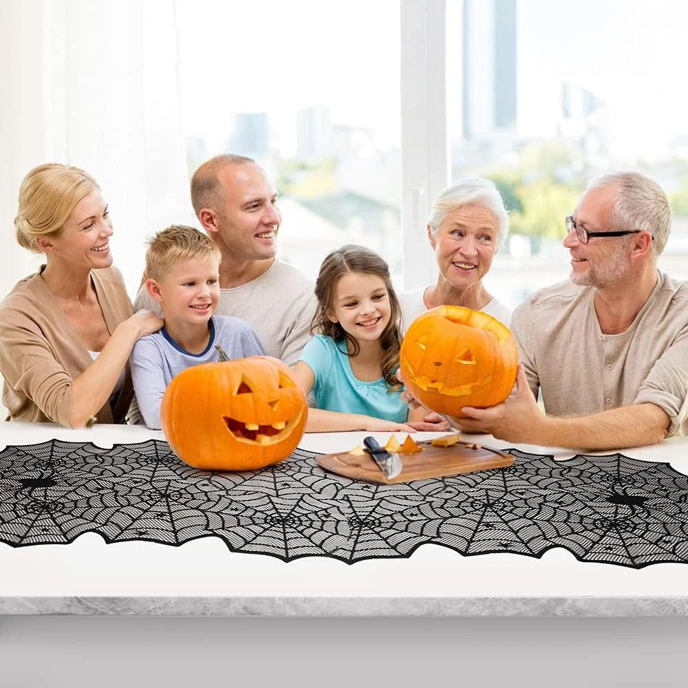 Chemin de Table Halloween en Dentelle Noire – Toile d'Araignée Décorative pour Fêtes - 45x183cm