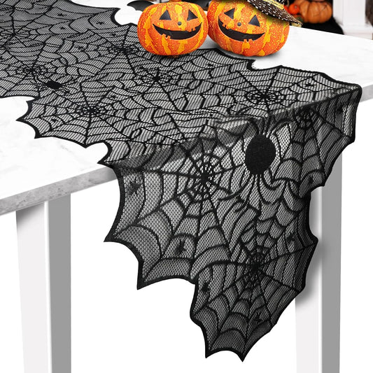 Chemin de Table Halloween en Dentelle Noire – Toile d'Araignée Décorative pour Fêtes - 45x183cm