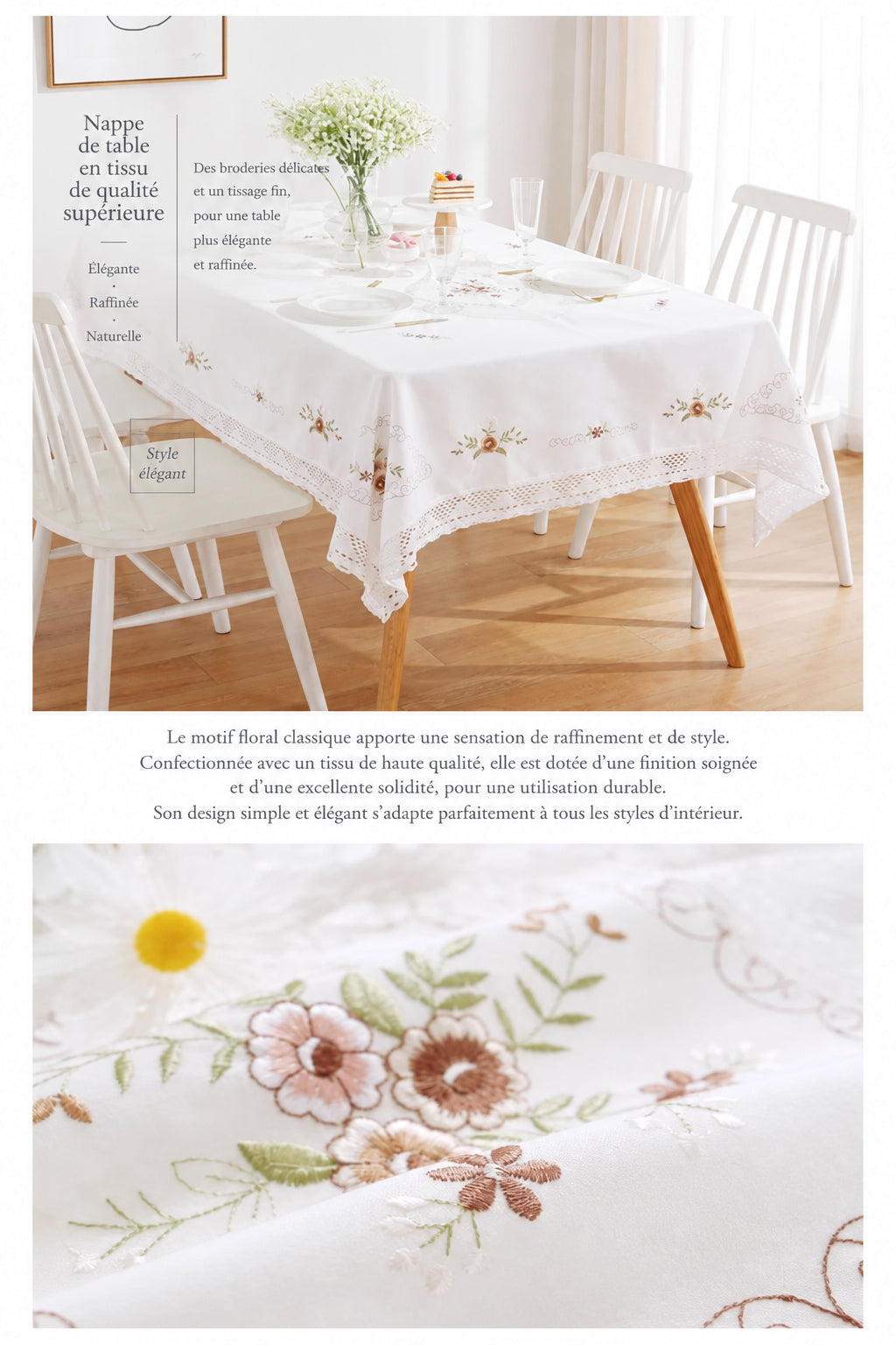 Nappe Blanche en Coton Brodée Dentelle – Style Européen Pastoral pour Table à Manger