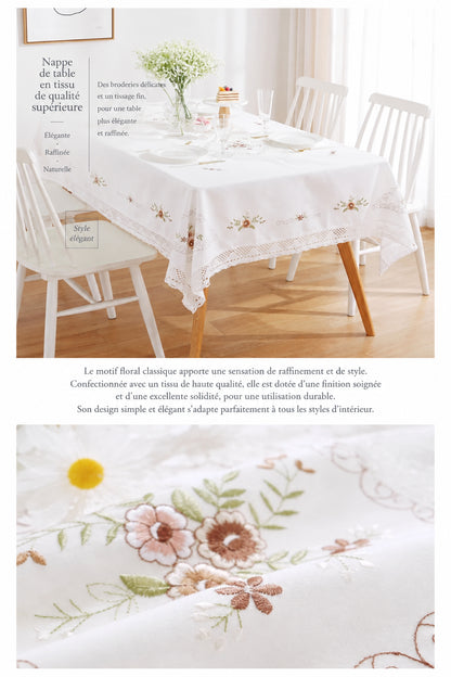Nappe Blanche en Coton Brodée Dentelle – Style Européen Pastoral pour Table à Manger