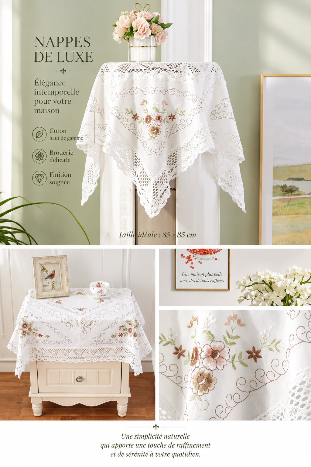 Nappe Blanche en Coton Brodée Dentelle – Style Européen Pastoral pour Table à Manger