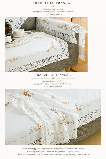 Nappe Blanche en Coton Brodée Dentelle – Style Européen Pastoral pour Table à Manger