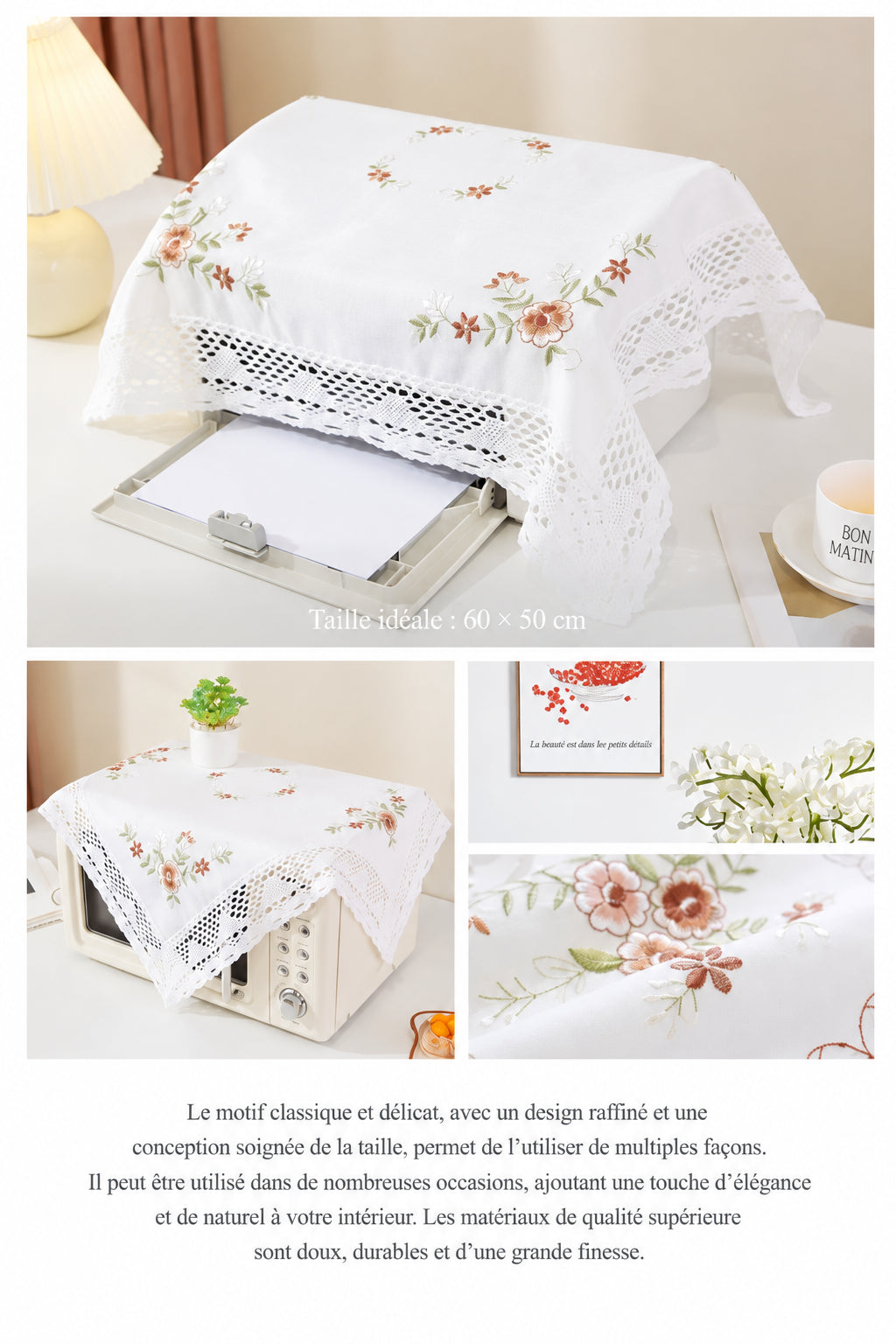 Nappe Blanche en Coton Brodée Dentelle – Style Européen Pastoral pour Table à Manger