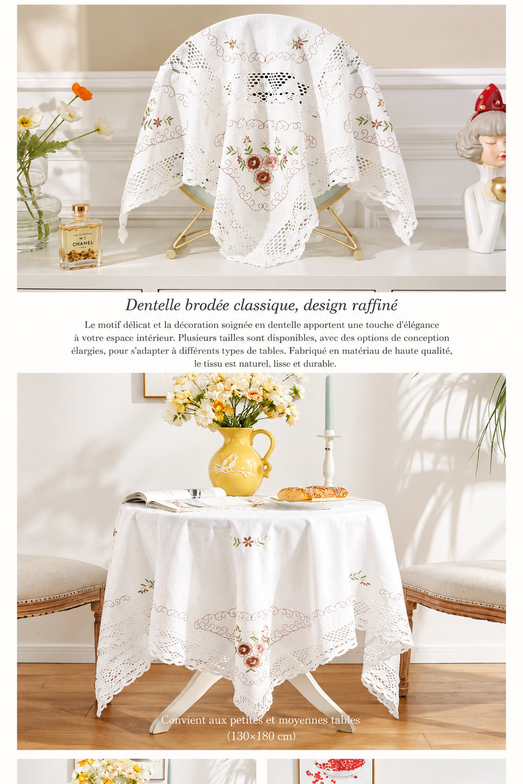 Nappe Blanche en Coton Brodée Dentelle – Style Européen Pastoral pour Table à Manger