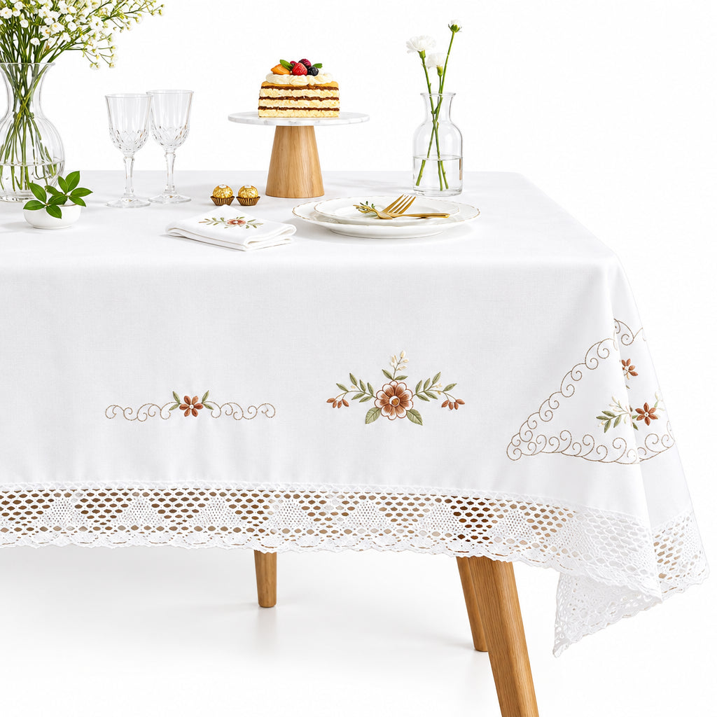 Nappe Blanche en Coton Brodée Dentelle – Style Européen Pastoral pour Table à Manger