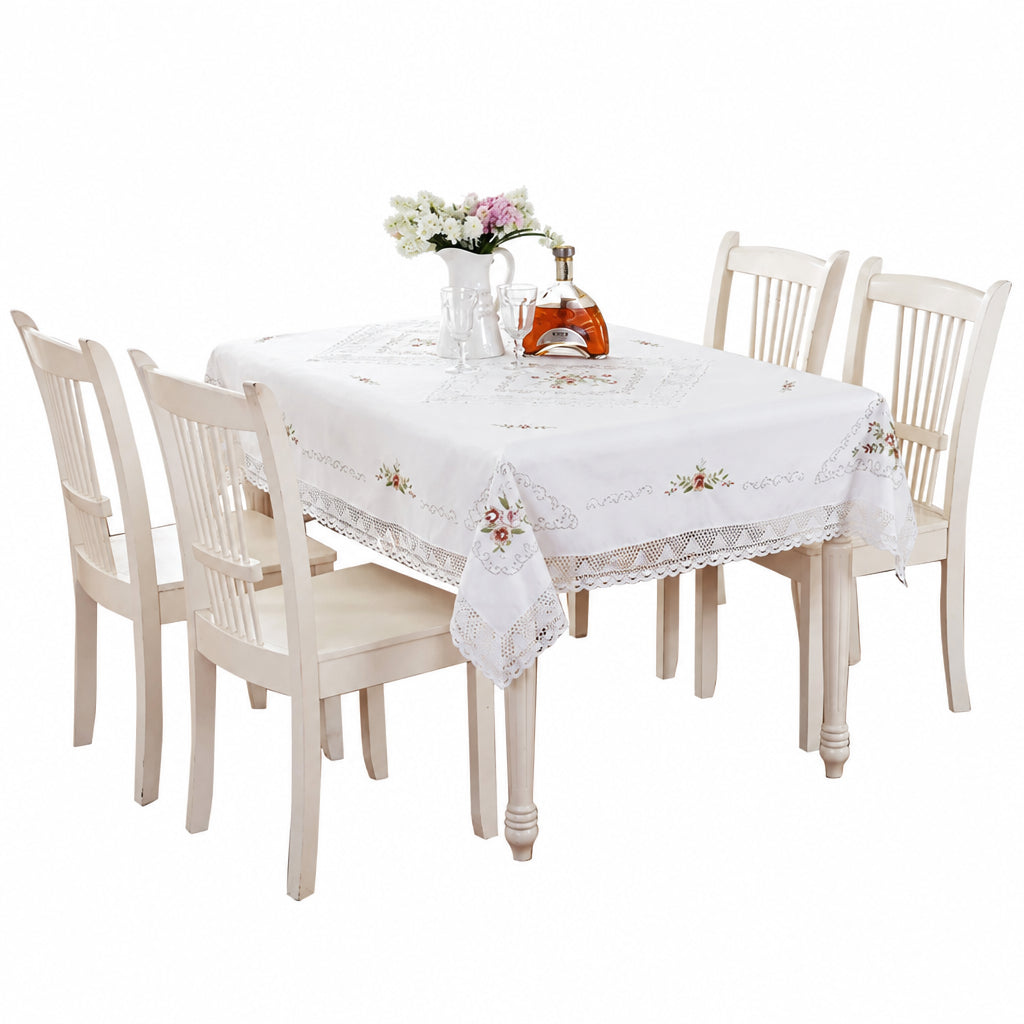 Nappe Blanche en Coton Brodée Dentelle – Style Européen Pastoral pour Table à Manger