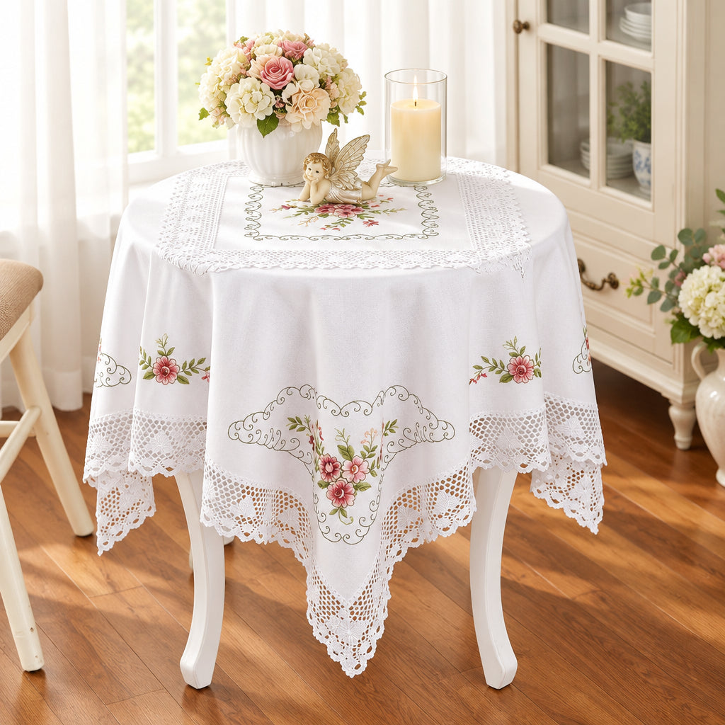 Nappe Blanche en Coton Brodée Dentelle – Style Européen Pastoral pour Table à Manger
