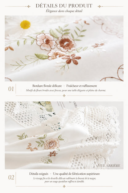 Nappe Blanche en Coton Brodée Dentelle – Style Européen Pastoral pour Table à Manger