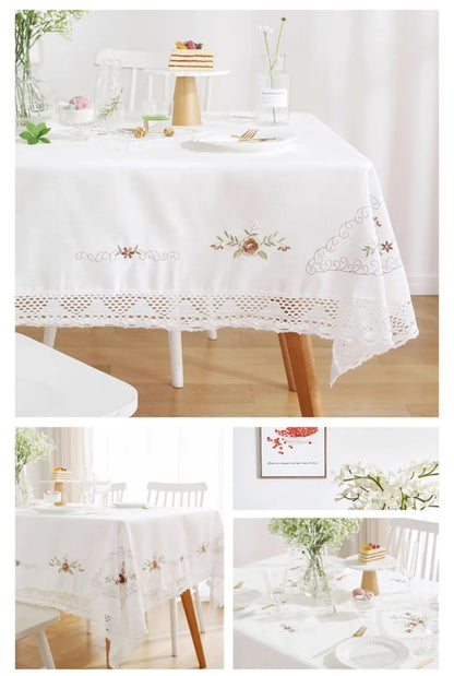 Nappe Blanche en Coton Brodée Dentelle – Style Européen Pastoral pour Table à Manger