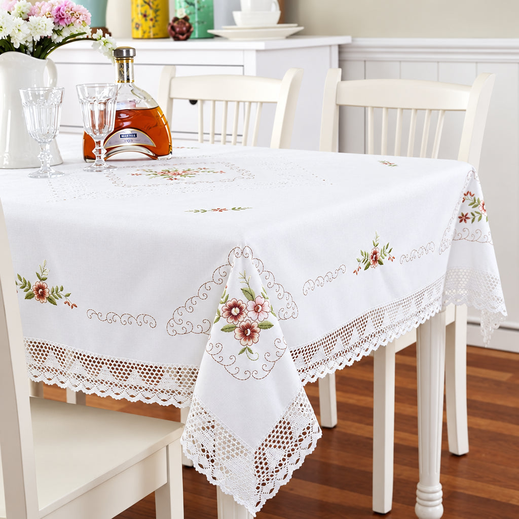 Nappe Blanche en Coton Brodée Dentelle – Style Européen Pastoral pour Table à Manger