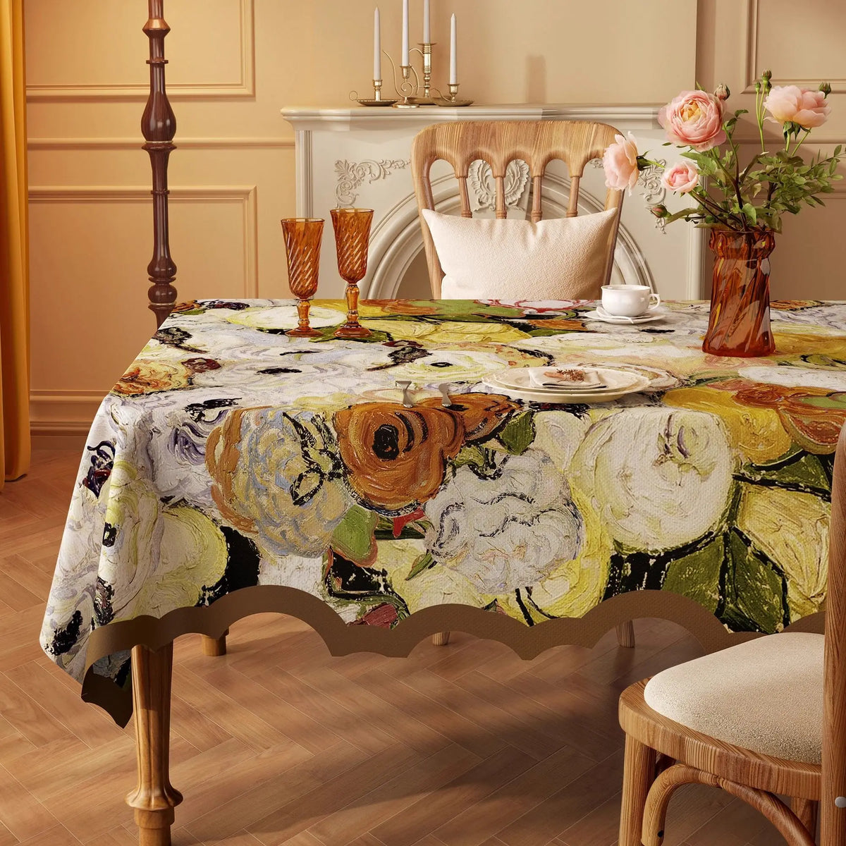 Nappe Carrée à Bords Ondulés en Coton Enduit PVC – Style Champêtre à Motifs Floraux
