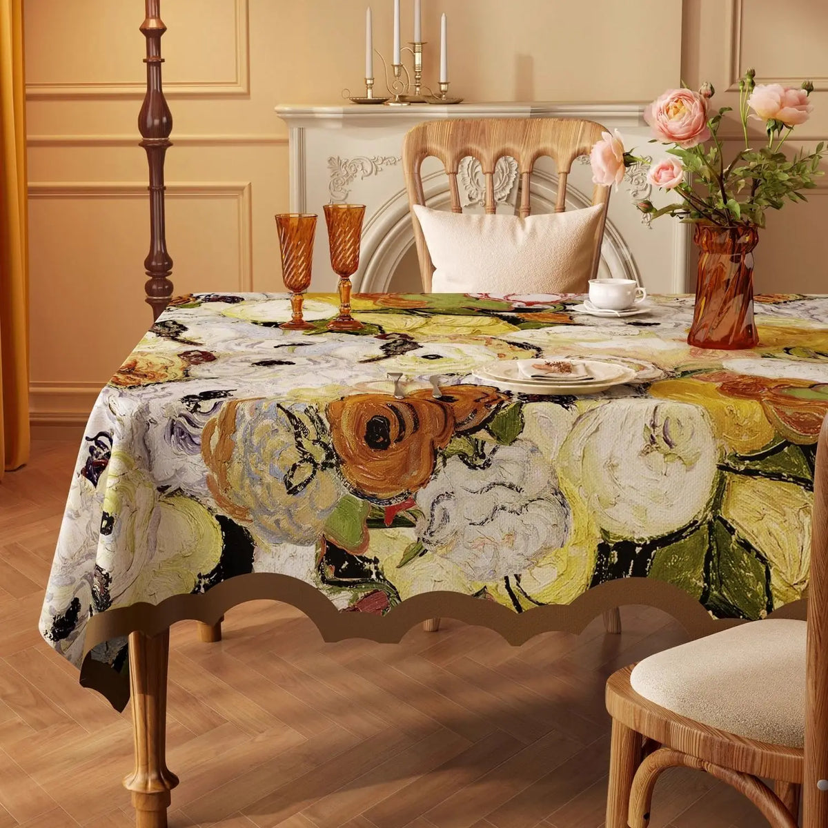Nappe Carrée à Bords Ondulés en Coton Enduit PVC – Style Champêtre à Motifs Floraux