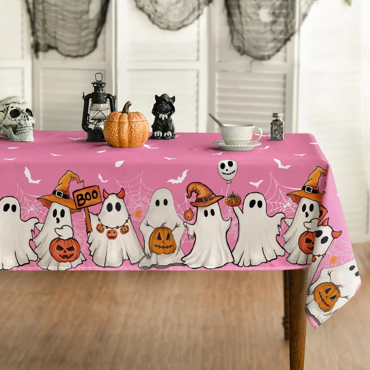 Nappe Halloween Chauve-Souris, Fantôme & Toile d'Araignée – Nappe Rectangulaire Réutilisable