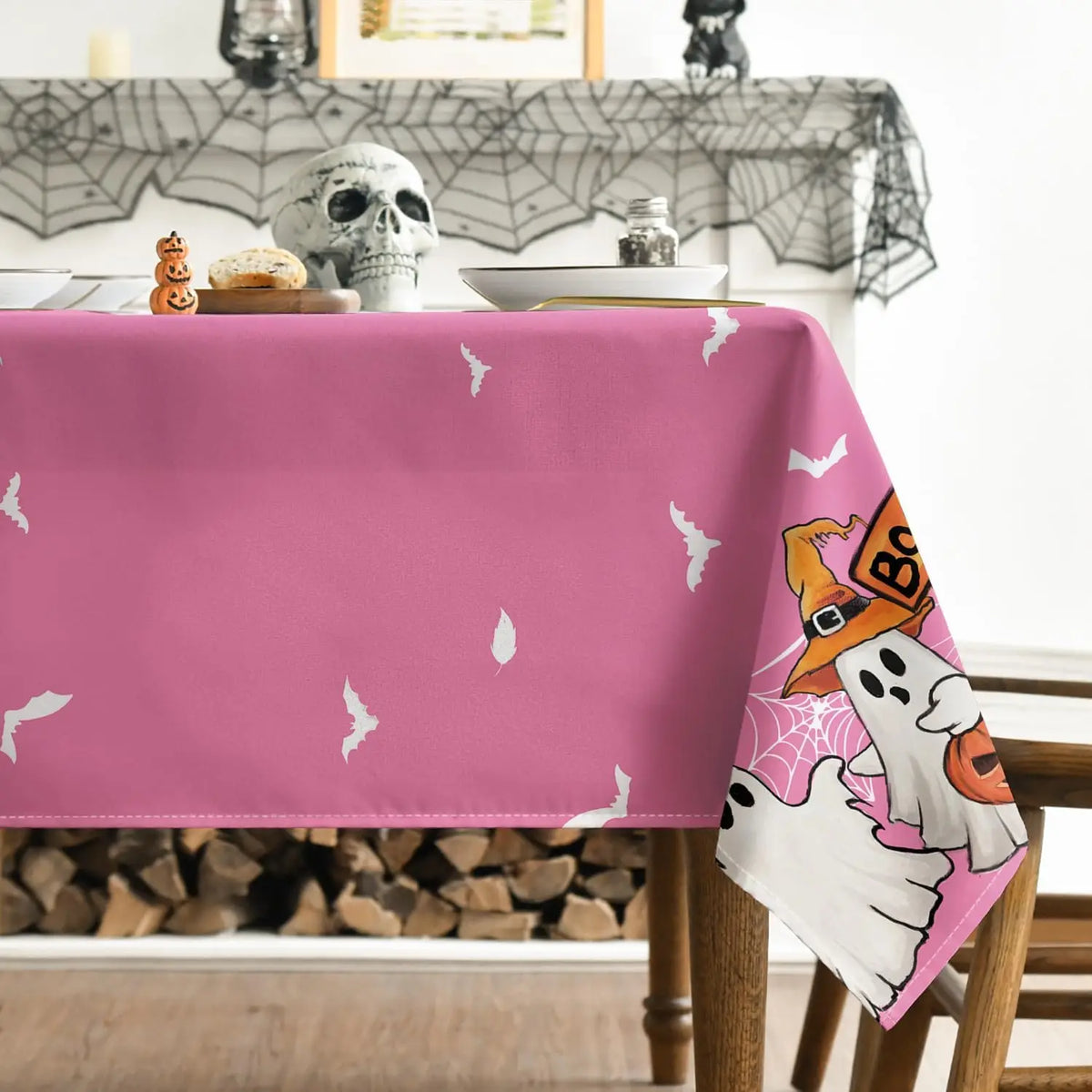 Nappe Halloween Chauve-Souris, Fantôme & Toile d'Araignée – Nappe Rectangulaire Réutilisable