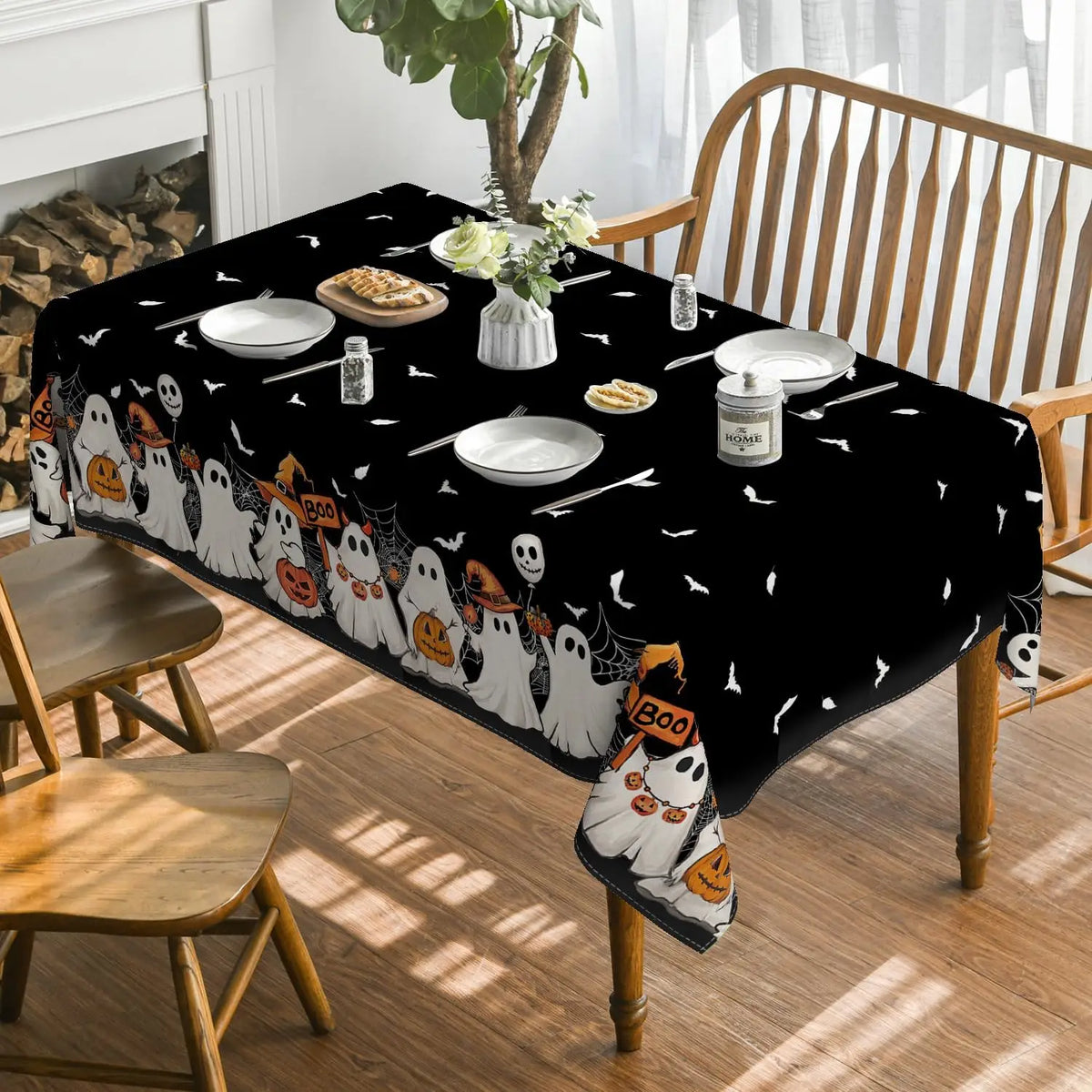 Nappe Halloween Chauve-Souris, Fantôme & Toile d'Araignée – Nappe Rectangulaire Réutilisable