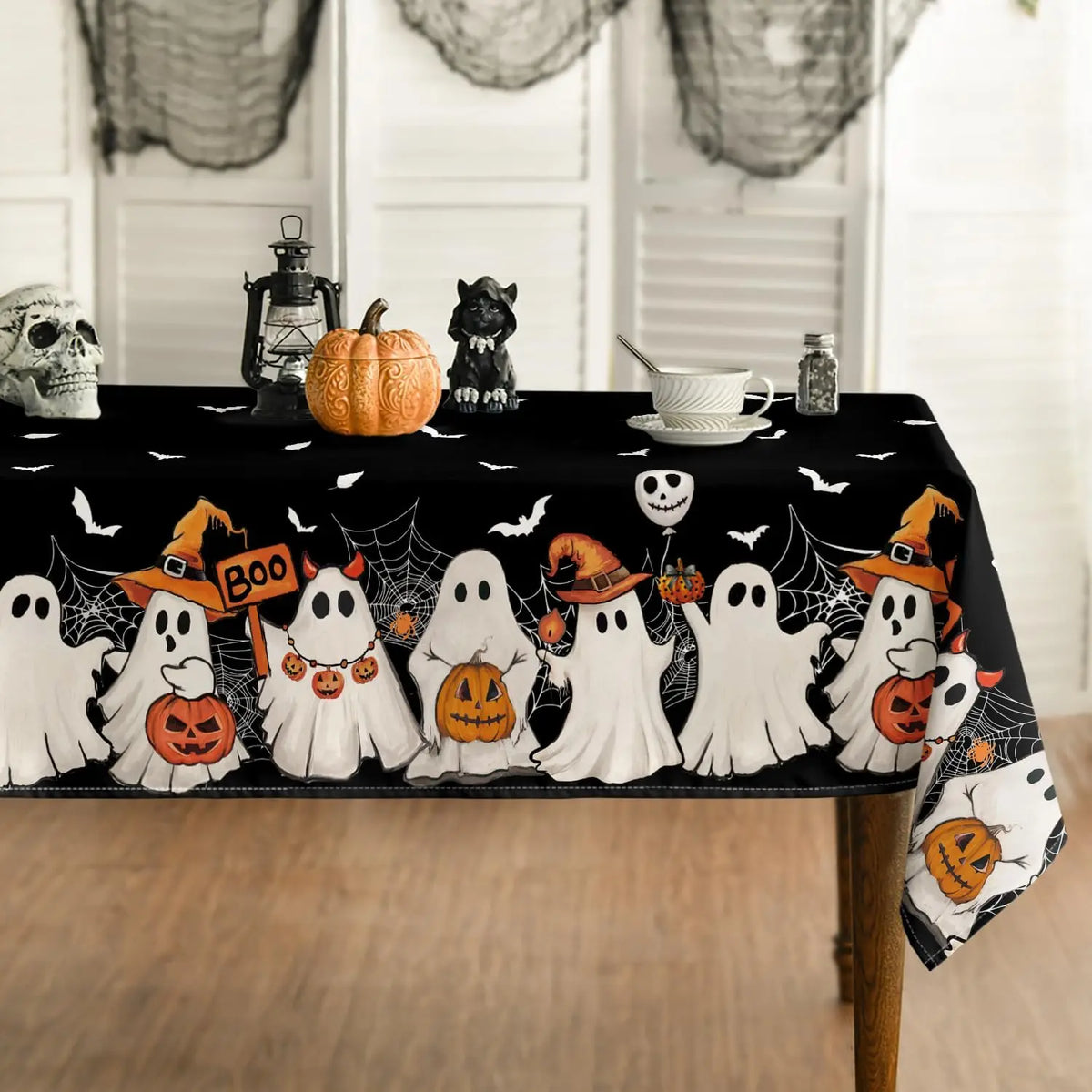 Nappe Halloween Chauve-Souris, Fantôme & Toile d'Araignée – Nappe Rectangulaire Réutilisable