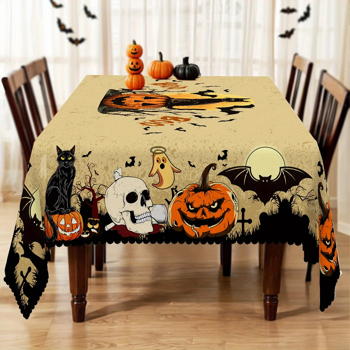 Nappe Halloween Citrouilles, Chauves-Souris & Crânes – Décoration Table Chat Noir