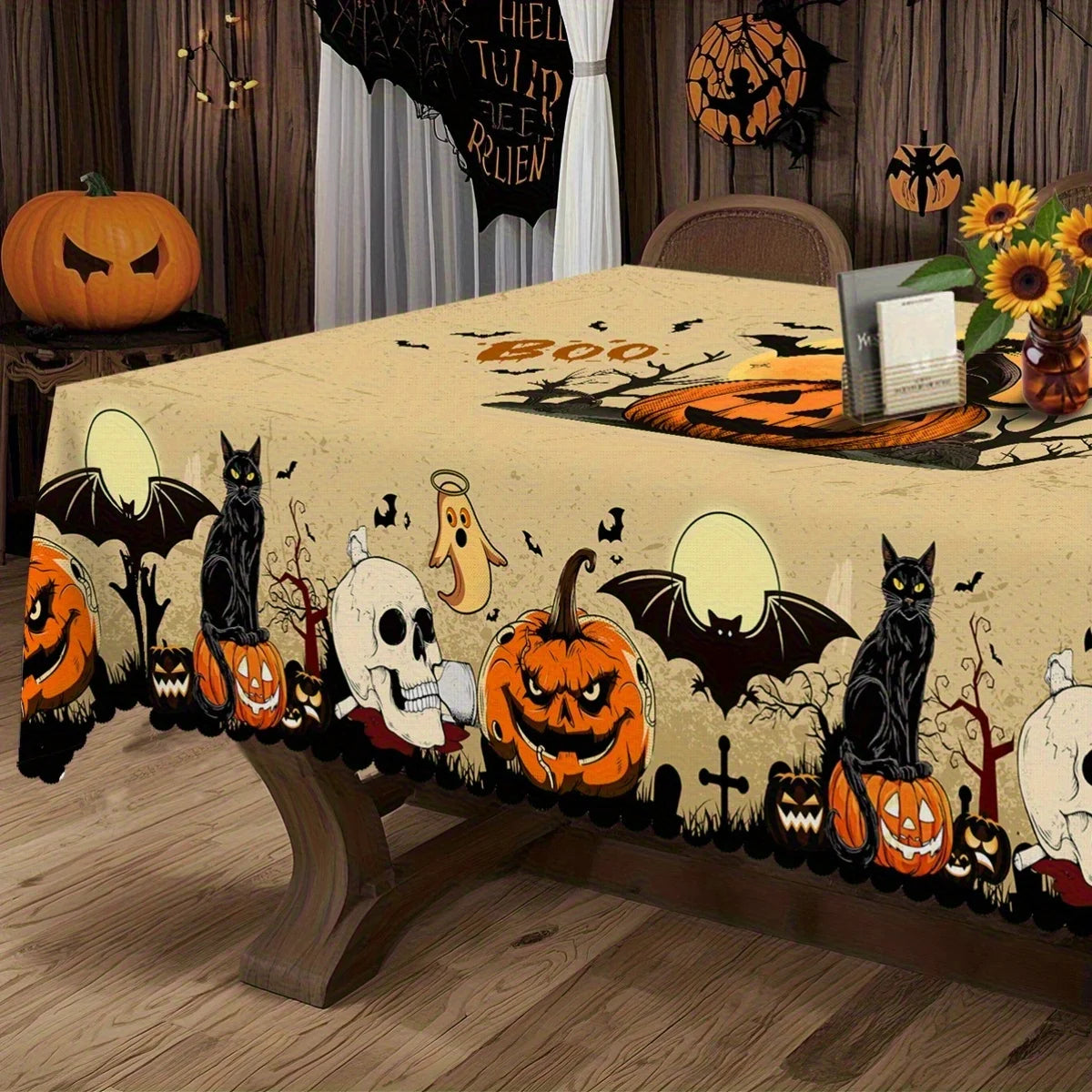 Nappe Halloween Citrouilles, Chauves-Souris & Crânes – Décoration Table Chat Noir