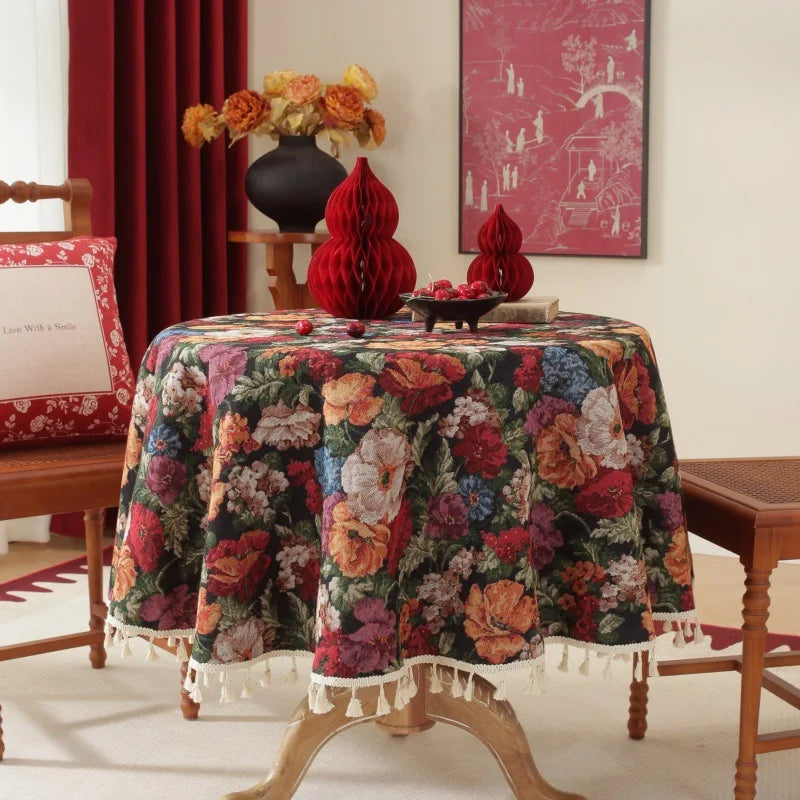Nappe Jacquard Polyester Ronde à Motifs Floraux