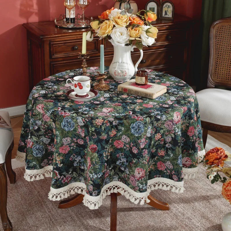 Nappe Jacquard Polyester Ronde à Motifs Floraux