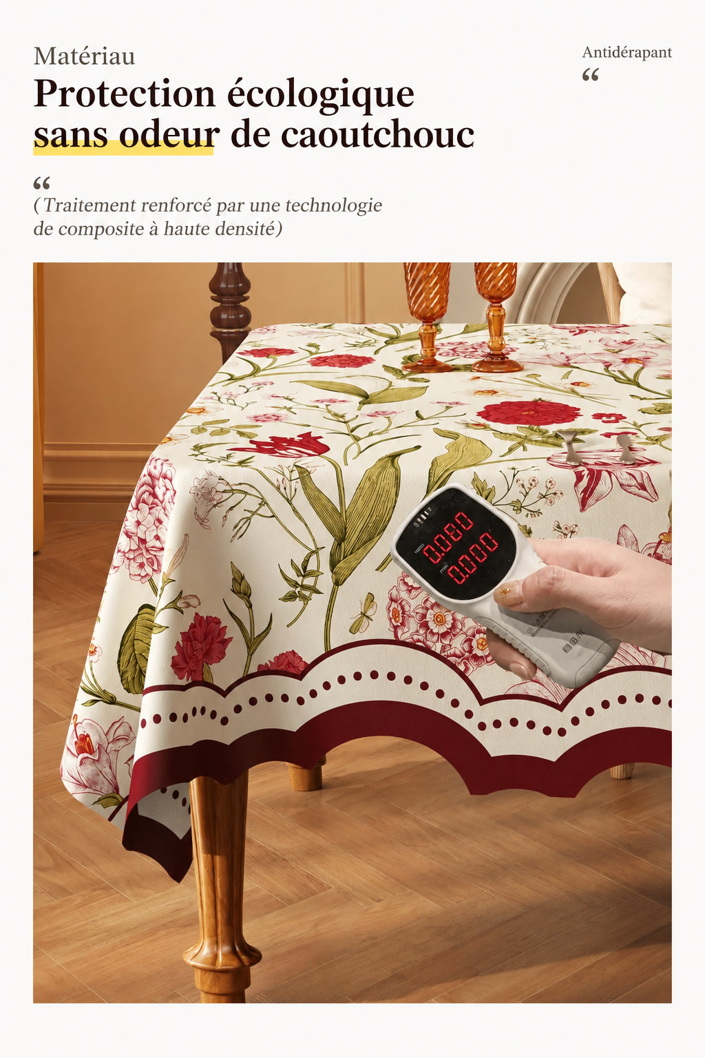 Nappe Rectangulaire à Bords Ondulés en Coton Enduit PVC – Style Champêtre à Motifs Floraux