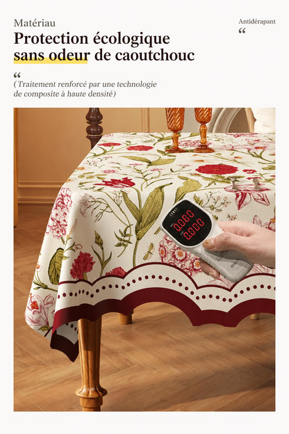 Nappe Rectangulaire à Bords Ondulés en Coton Enduit PVC – Style Champêtre à Motifs Floraux