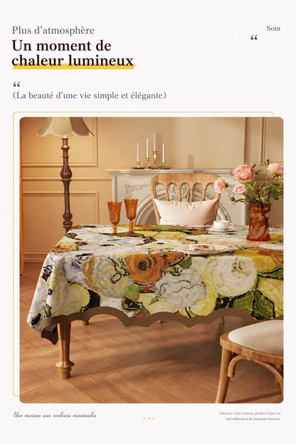 Nappe Rectangulaire à Bords Ondulés en Coton Enduit PVC – Style Champêtre à Motifs Floraux