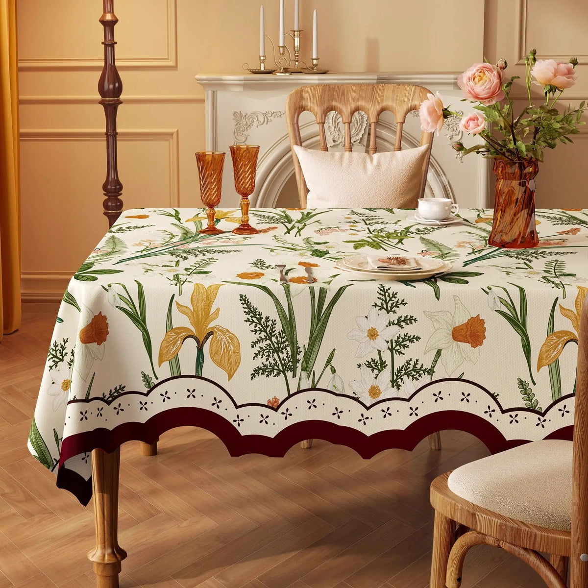 Nappe Rectangulaire à Bords Ondulés en Coton Enduit PVC – Style Champêtre à Motifs Floraux