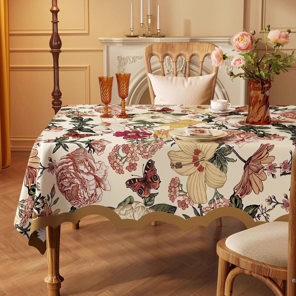 Nappe Rectangulaire à Bords Ondulés en Coton Enduit PVC – Style Champêtre à Motifs Floraux