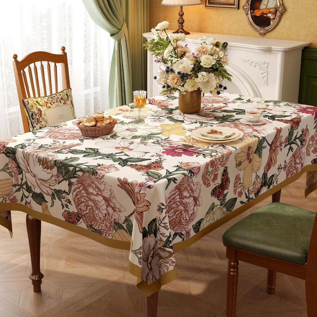 Nappe Rectangulaire à Bords Ondulés en Coton Enduit PVC – Style Champêtre à Motifs Floraux