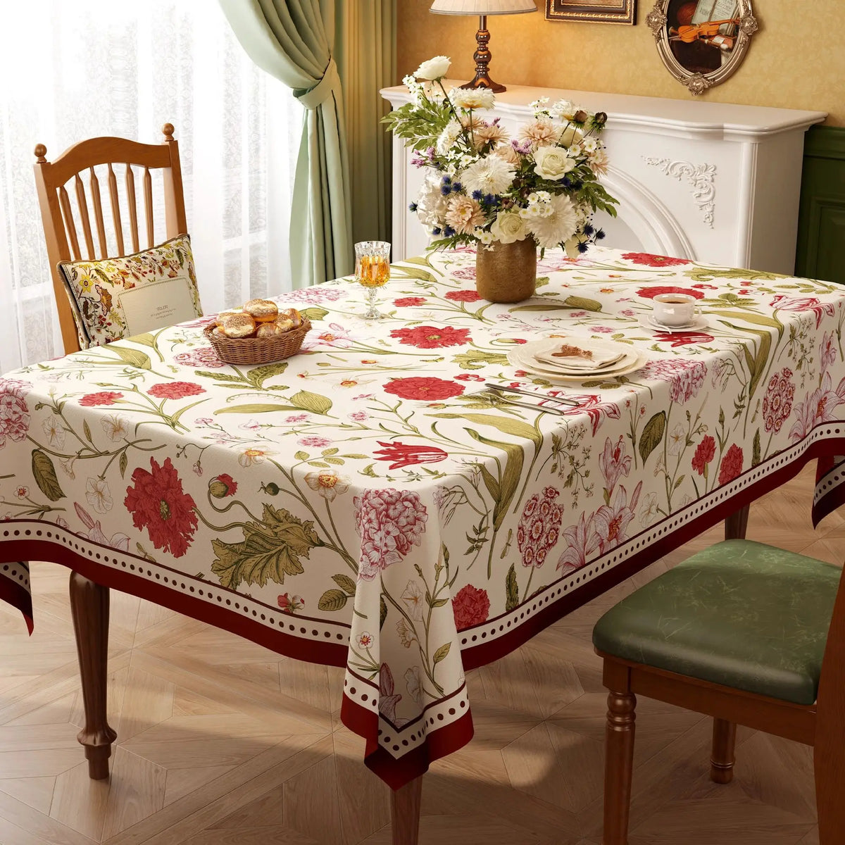 Nappe Rectangulaire à Bords Ondulés en Coton Enduit PVC – Style Champêtre à Motifs Floraux
