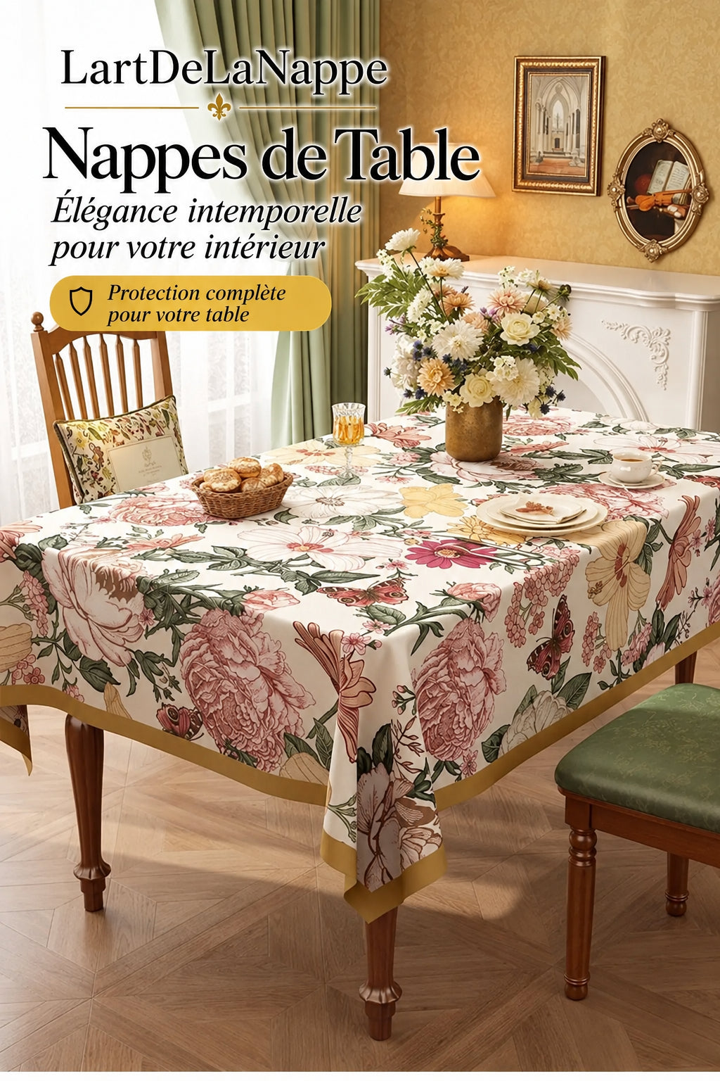 Nappe Rectangulaire à Bords Ondulés en Coton Enduit PVC – Style Champêtre à Motifs Floraux