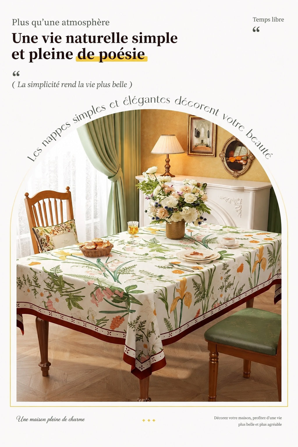 Nappe Rectangulaire à Bords Ondulés en Coton Enduit PVC – Style Champêtre à Motifs Floraux