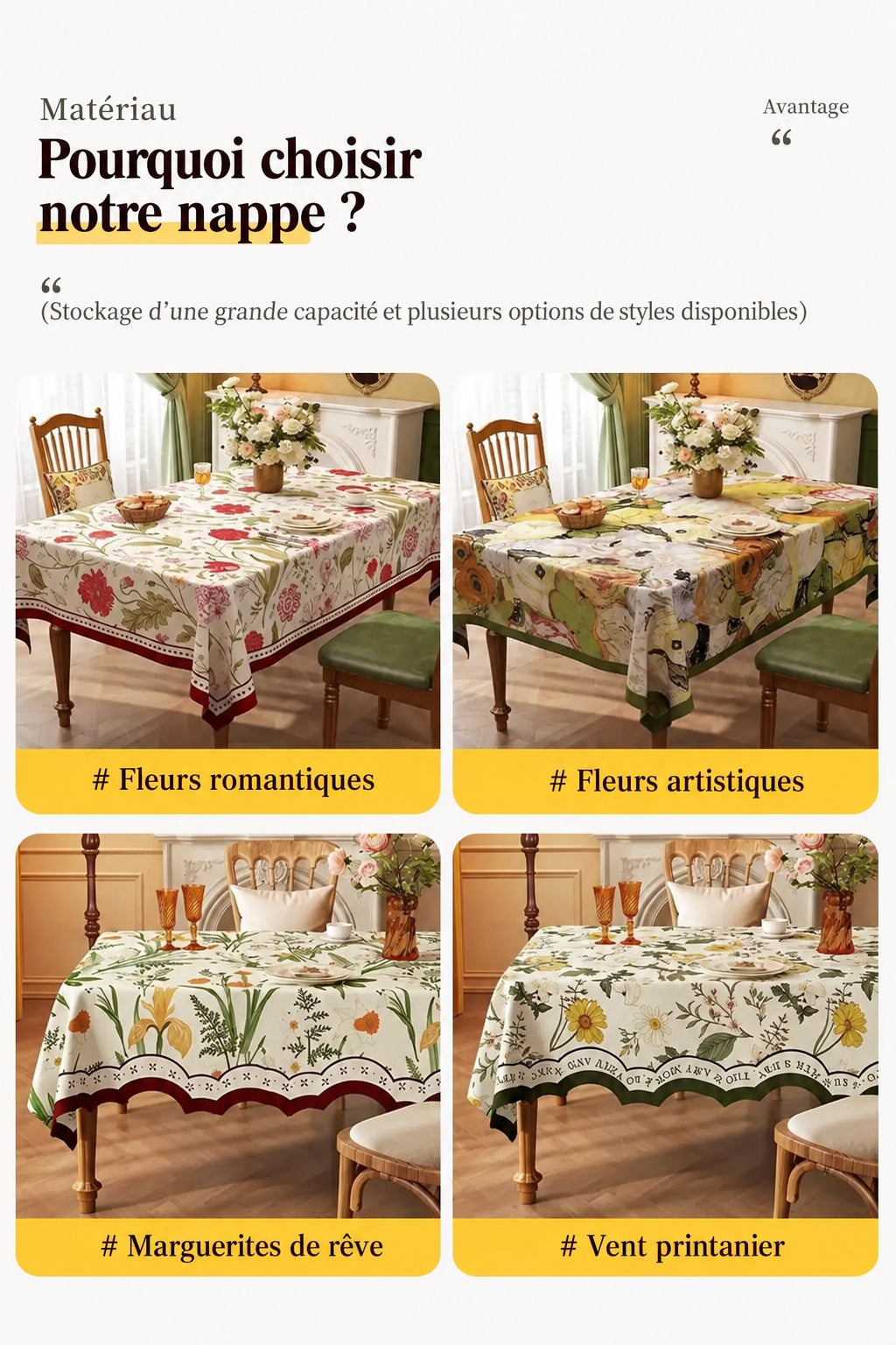Nappe Rectangulaire à Bords Ondulés en Coton Enduit PVC – Style Champêtre à Motifs Floraux