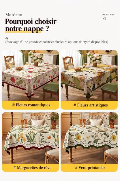 Nappe Rectangulaire à Bords Ondulés en Coton Enduit PVC – Style Champêtre à Motifs Floraux