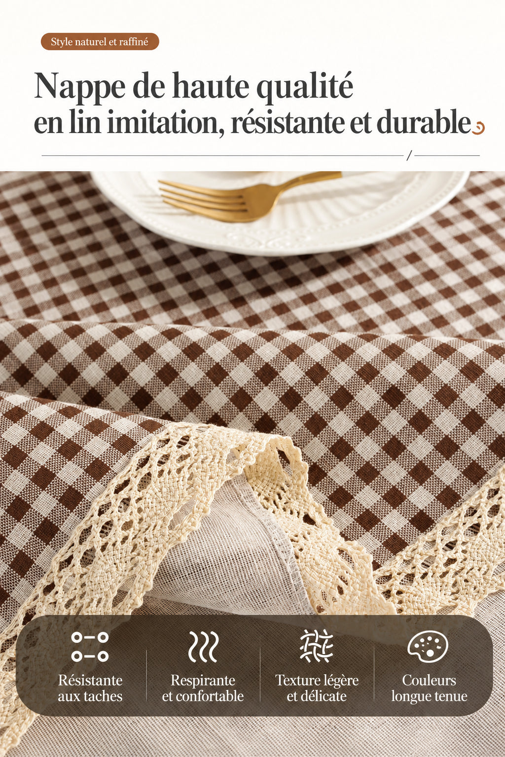 Nappe Rectangulaire à Carreaux Marron et Pompons Crème – Style Champêtre