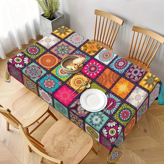 Nappe Rectangulaire en Polyester Style Bohème Mandala – Motif Cyclique Coloré pour Fêtes et Festivals