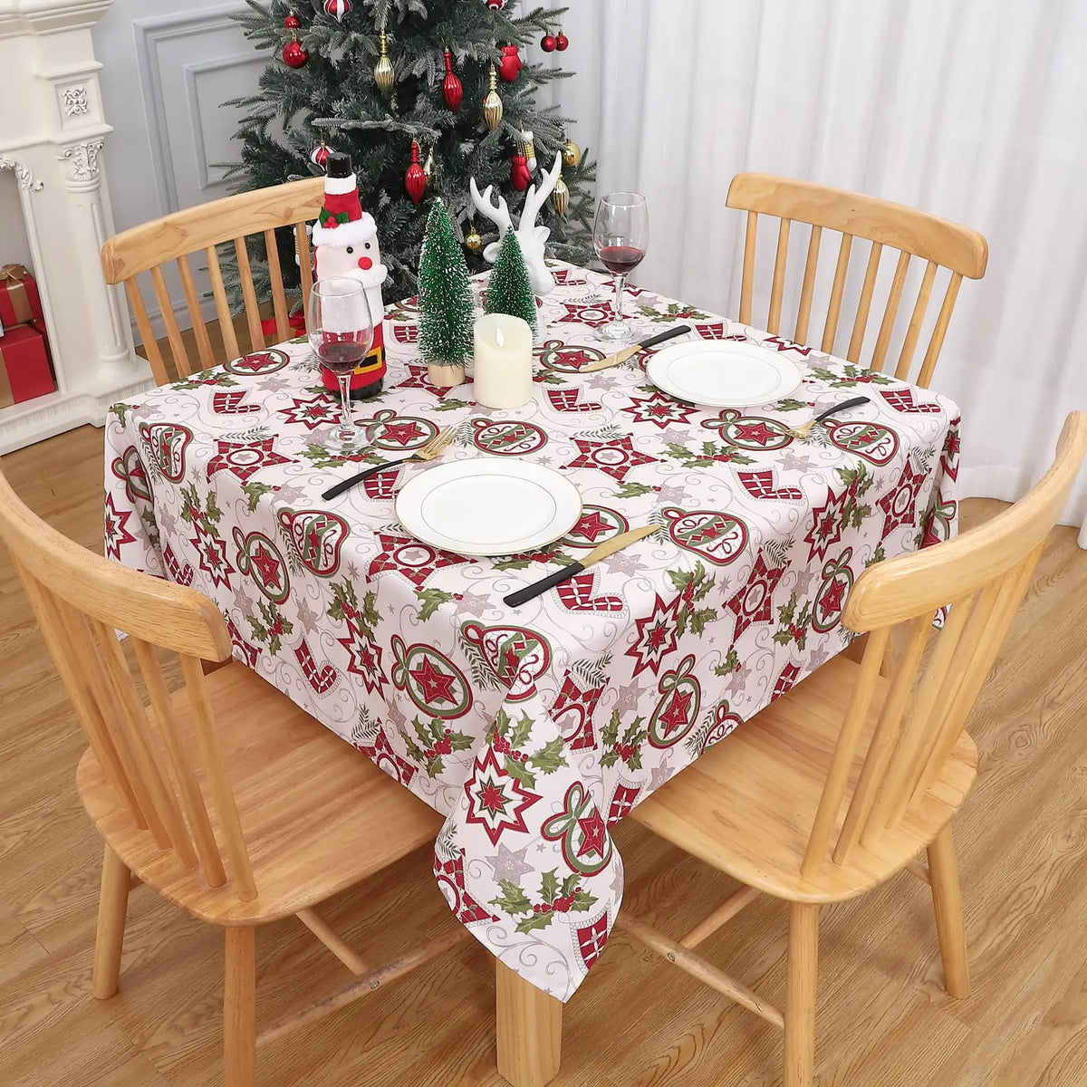 Nappe de Noël Blanche Étoilée – Nappe Carrée Imperméable et Anti Taches pour Repas de Fête