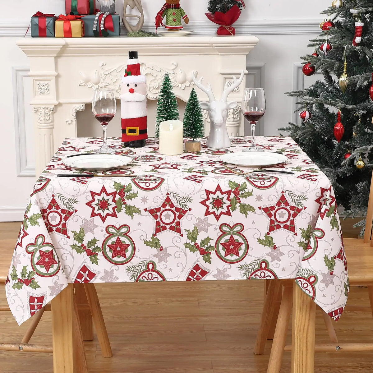 Nappe de Noël Blanche Étoilée – Nappe Carrée Imperméable et Anti Taches pour Repas de Fête