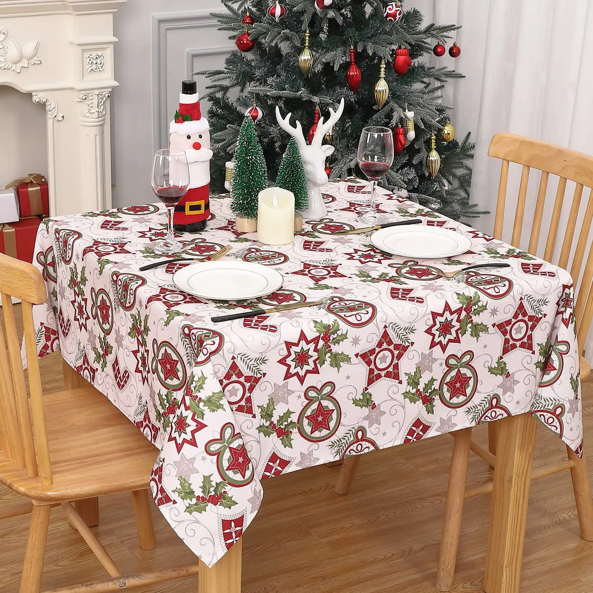 Nappe de Noël Blanche Étoilée – Nappe Carrée Imperméable et Anti Taches pour Repas de Fête