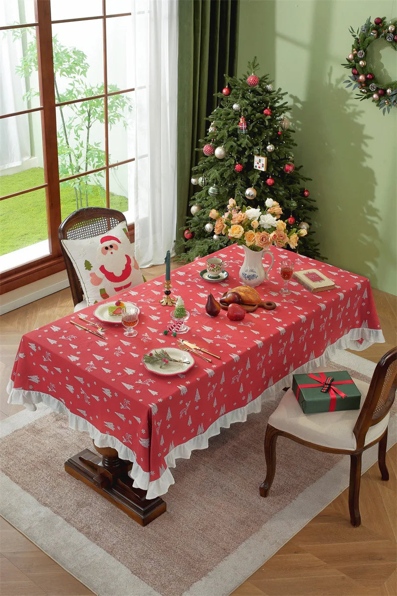 Nappe de Noël Rectangulaire Brodée à Volants – Coton Style Rétro Fermette pour Table à Manger