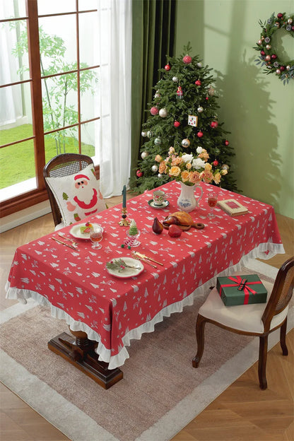 Nappe de Noël Rectangulaire Brodée à Volants – Coton Style Rétro Fermette pour Table à Manger