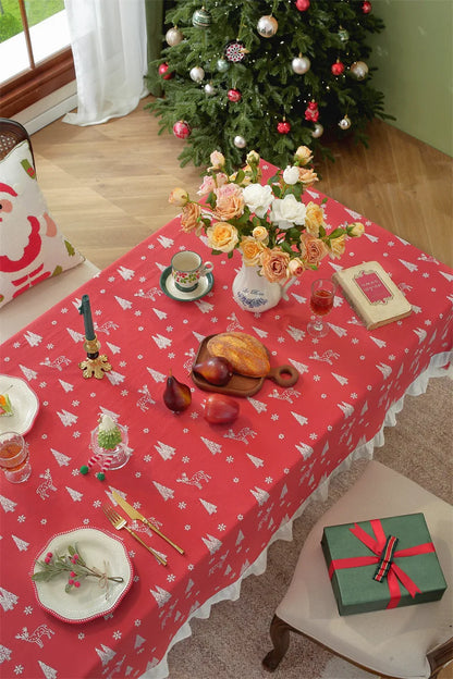 Nappe de Noël Rectangulaire Brodée à Volants – Coton Style Rétro Fermette pour Table à Manger